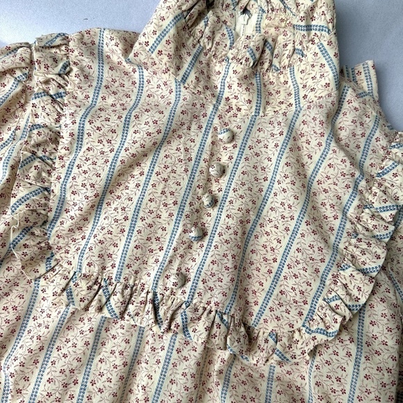 Vintage Oops Floral Print High Neck Peasant Blouse Ruffle Size Small 70s Cream - Picture 4 of 16